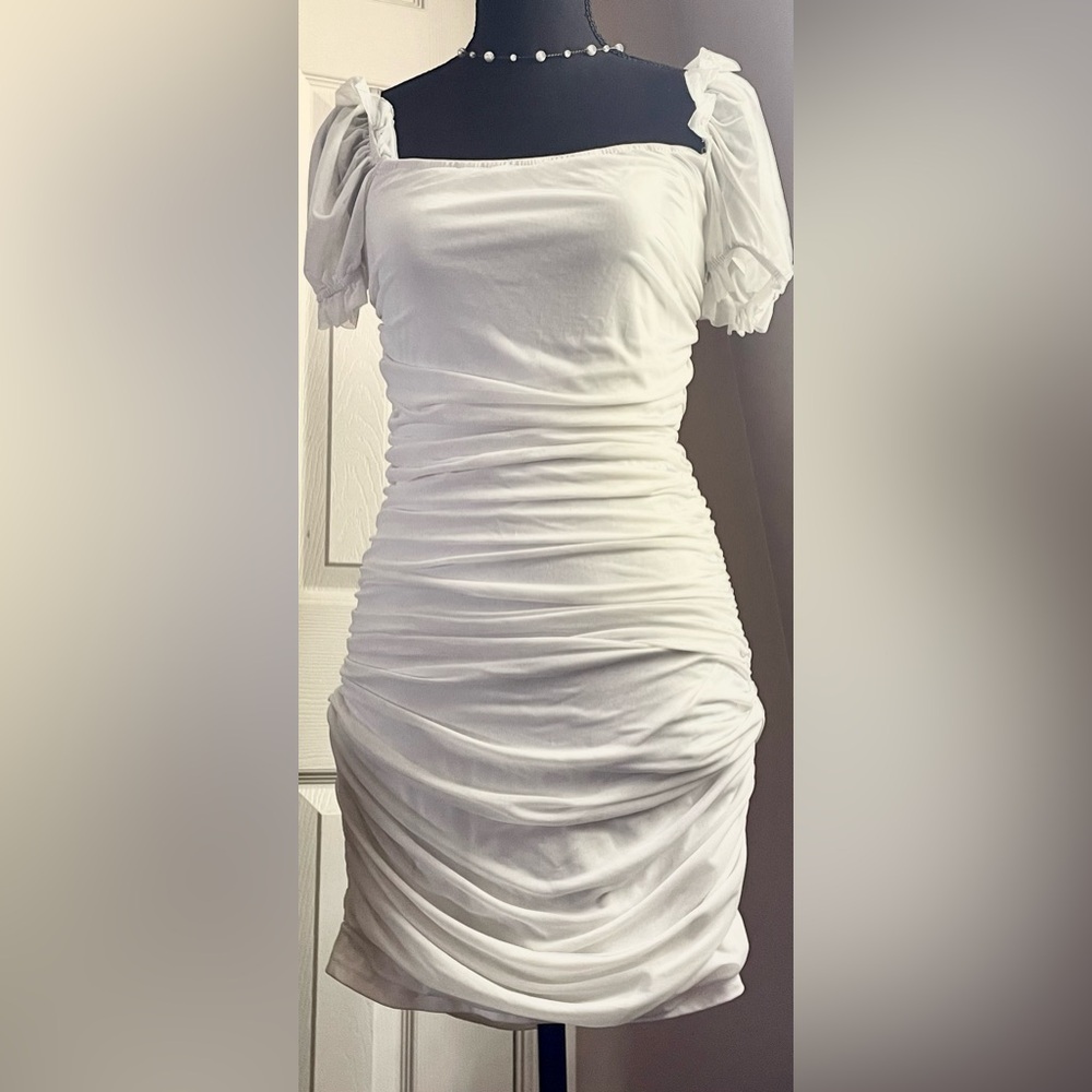 White Ruched Square-Neck Mini Dress with Sheer Puff Sleeves